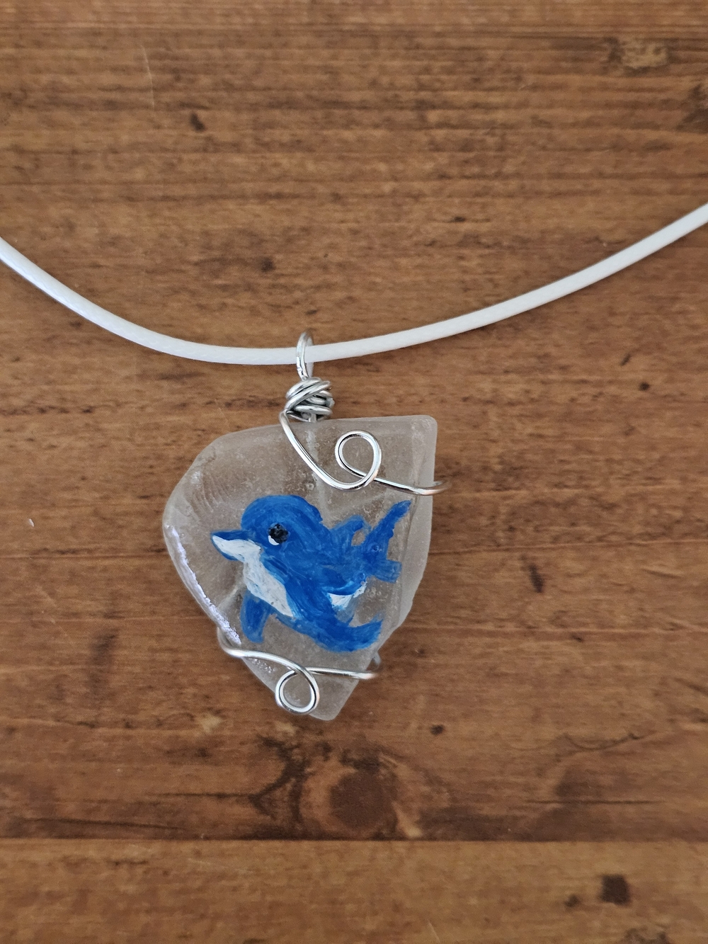 Hand-Painted Blue Dolphin Sea Glass Necklace on White cord